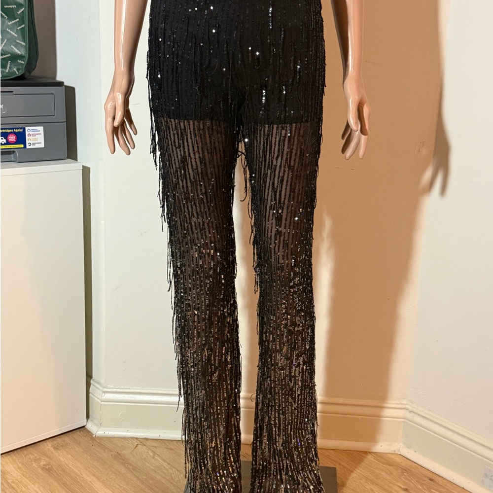 Zara Black/Silver Sequin Semi-Sheer Flared Leggings NWT Size XS
